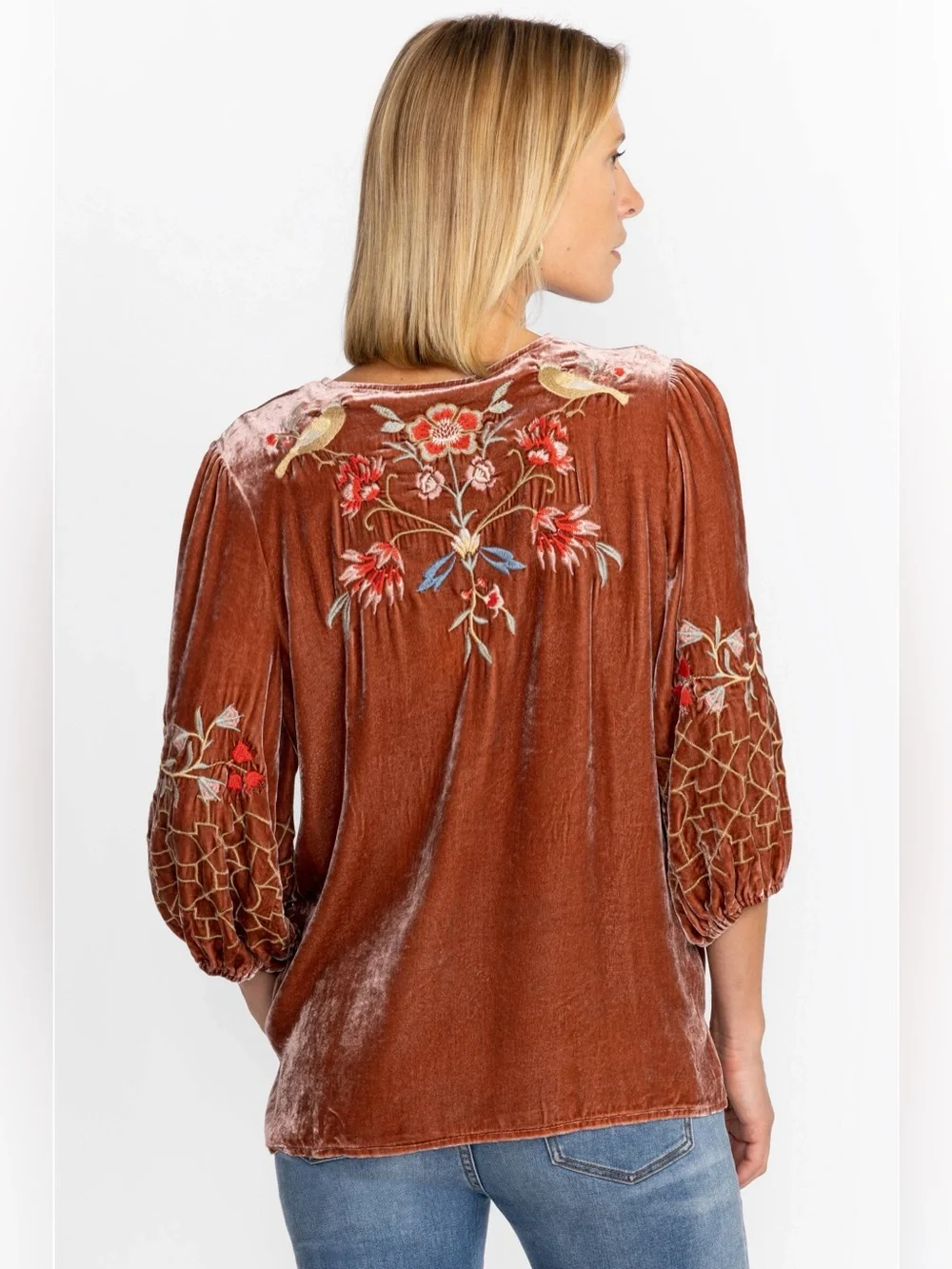 Johnny Was Clara Velvet Embroidered Peasant Silk/Rayon Blouse w/ Tassels. Sz XS